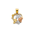 14K Tricolor Gold "Love" Heart with Doves and Flowers Pendant