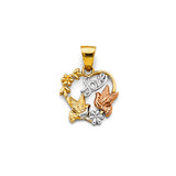 14K Tricolor Gold "Love" Heart with Doves and Flowers Pendant