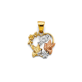 14K Tricolor Gold "Love" Heart with Doves and Flowers Pendant