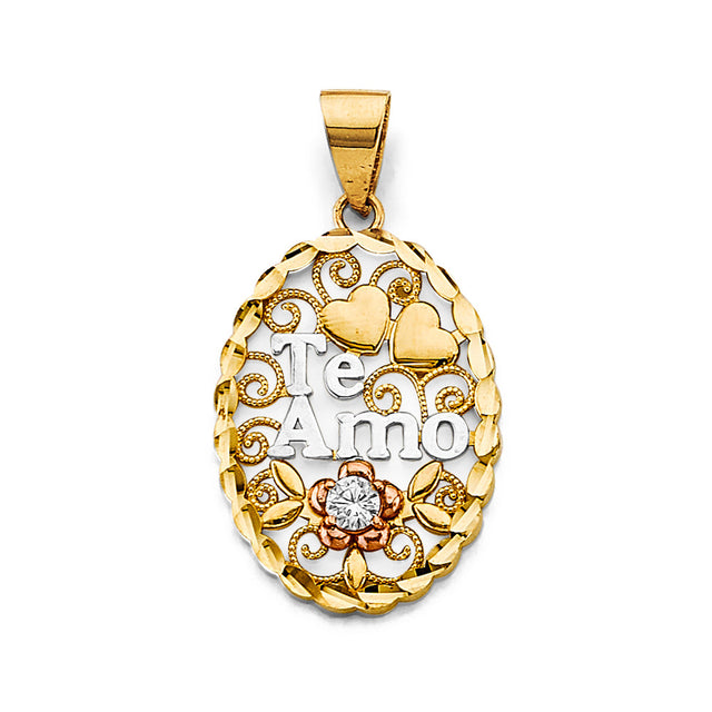 14K Tricolor Gold Oval Te Amo Pendant