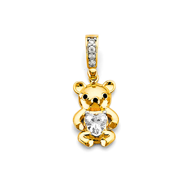 14K Yellow Gold Pink Heart Teddy Bear Pendant