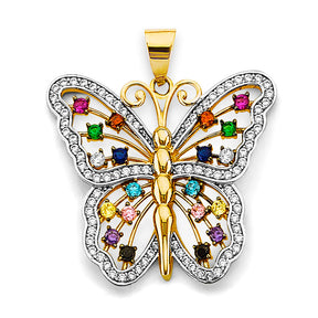 14K Two-Tone Gold Multicolor Butterfly Pendant on White Background