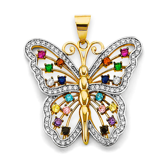 14K Two-Tone Gold Multicolor Butterfly Pendant on White Background
