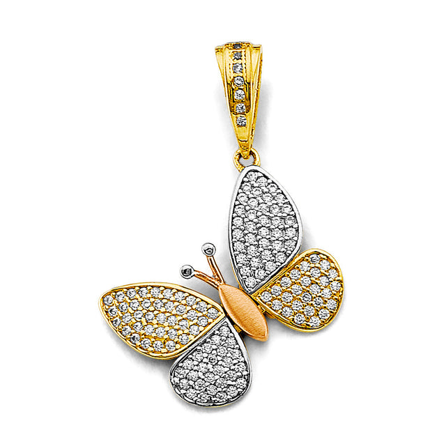 14K Tricolor Gold Butterfly Pendant on White Background