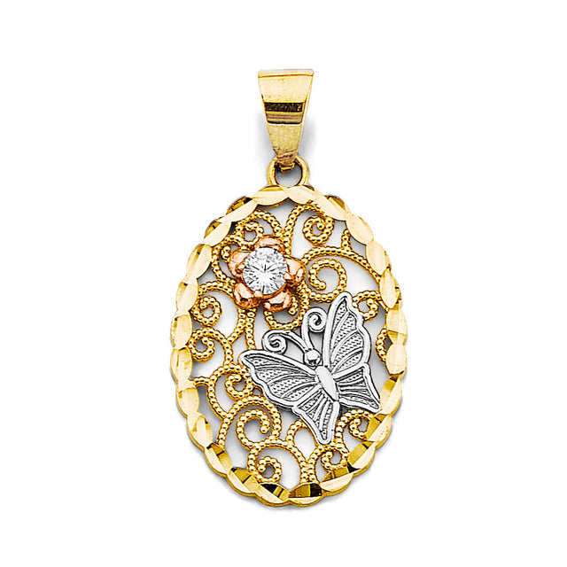 14K Tricolor Gold Oval Filigree Butterfly Pendant on White Background