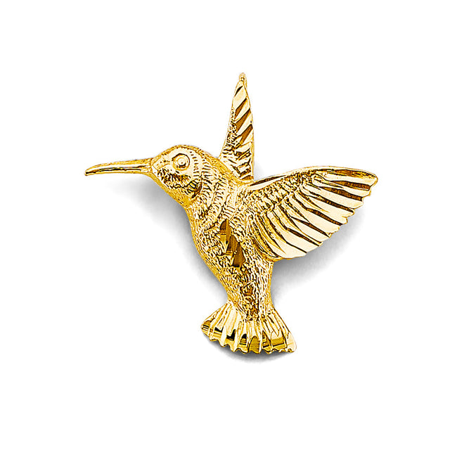 14K Yellow Gold Textured Hummingbird Pendant on White Background