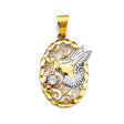 14K Tricolor Gold Oval Filigree Hummingbird Pendant on White Background