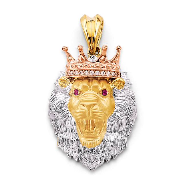 14K Tricolor Gold Crowned Lion Head Pendant on White Background