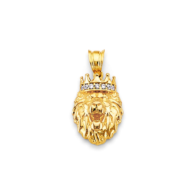 14K Yellow Gold Small Crowned Lion Head Pendant on White Background