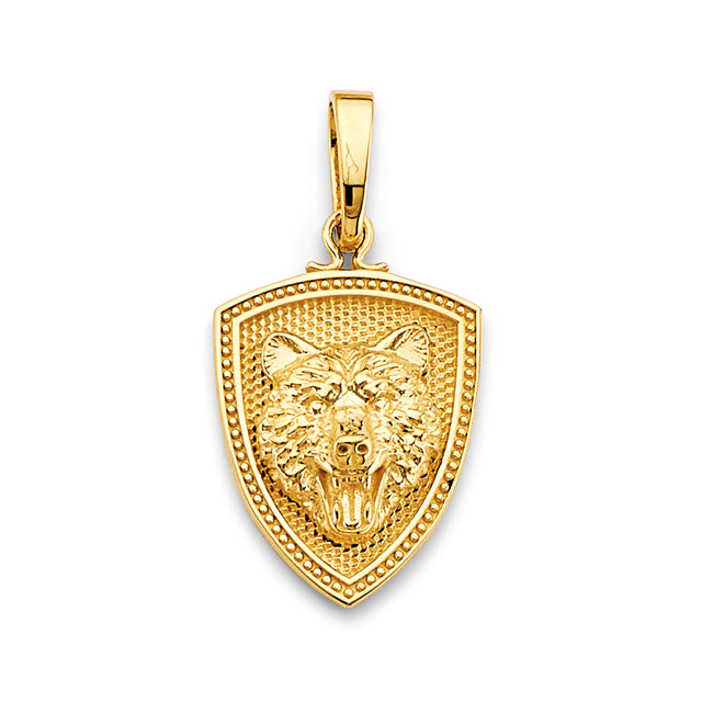 14K Yellow Gold Bear Head Shield Pendant on White Background