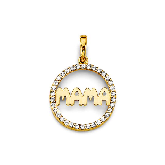 14K Two-Tone Gold "Mama" Circle Pendant on White Background