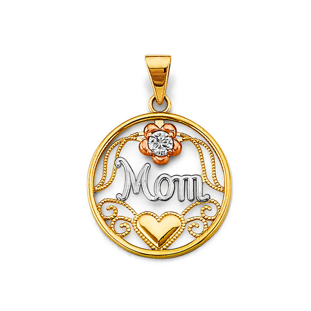 14K Tricolor Gold Round Mom Pendant on White Background