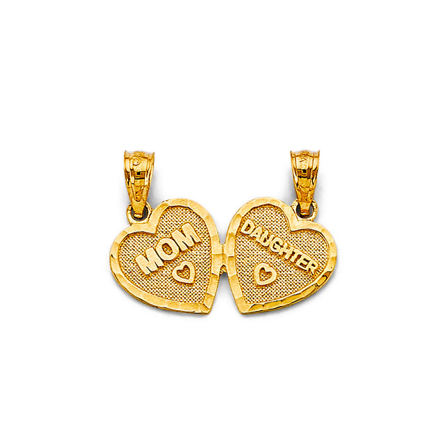 14K Yellow Gold Mom and Daughter Break-Apart Heart Pendant on White Background