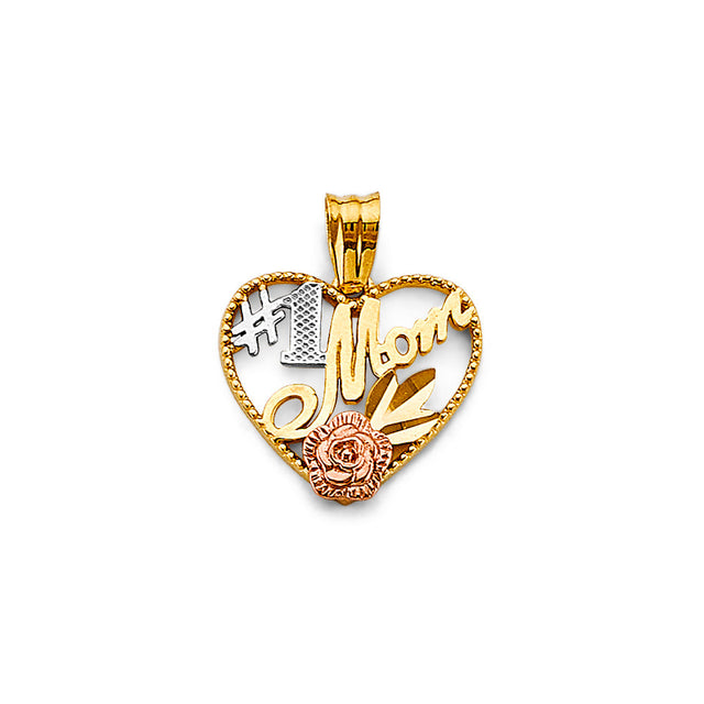 14K Tricolor Gold Number One Mom Heart Pendant on White Background