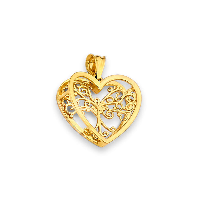 14K Yellow Gold Tree of Life Heart Pendant on White Background