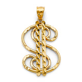 14K Yellow Gold Dollar Sign Pendant on White Background