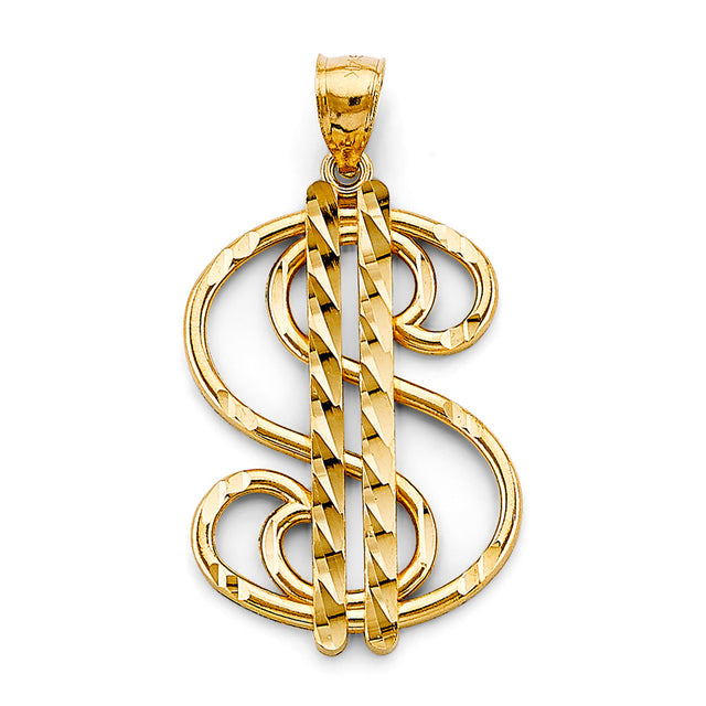 14K Yellow Gold Dollar Sign Pendant on White Background