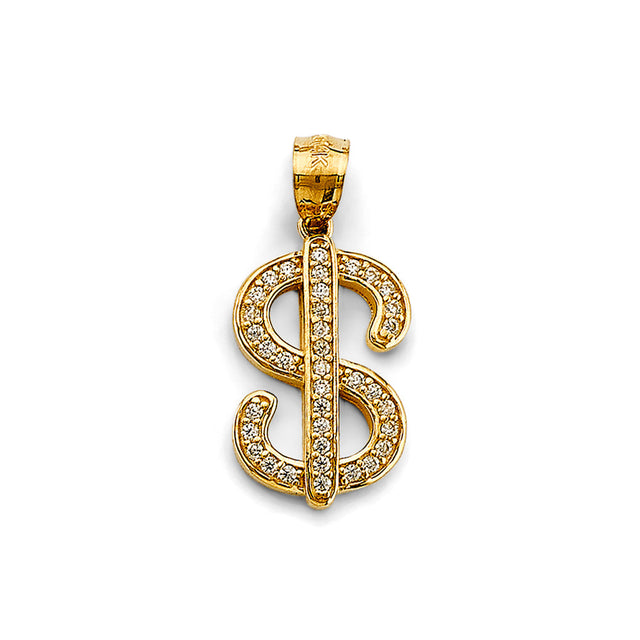 14K Yellow Gold Accented Dollar Sign Pendant on White Background