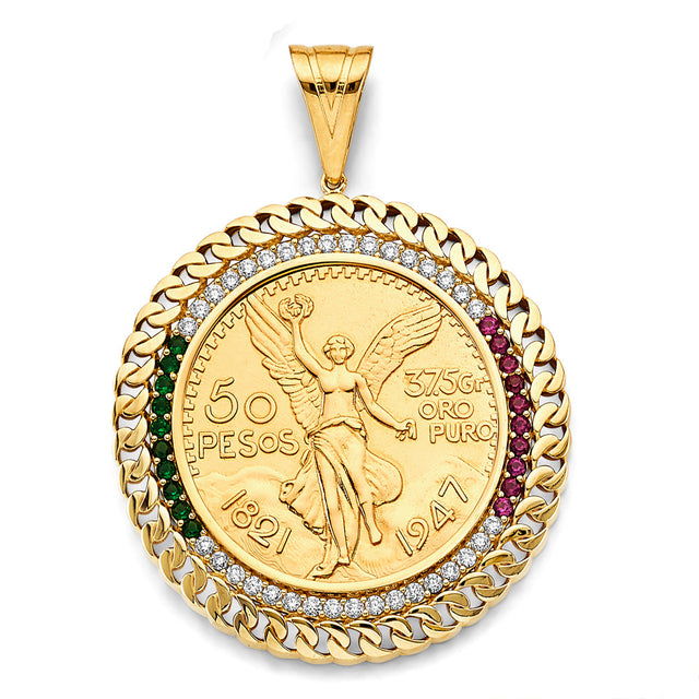 14K Yellow Gold Accented Link Frame with 50 Pesos Coin on White Background
