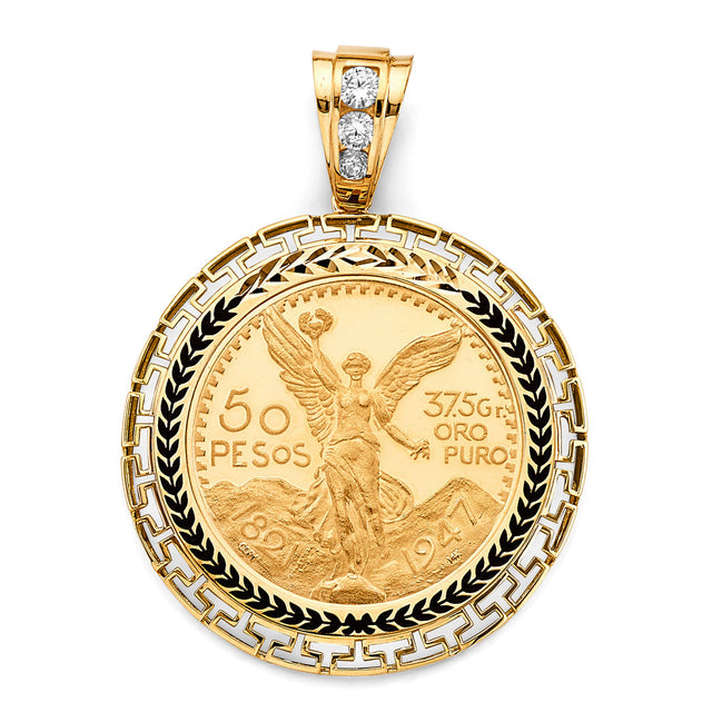 14K Yellow Gold Mexico Greek Frame with 50 Pesos Coin on White Background