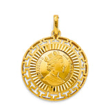 14K Yellow Gold Greek Queen Elizabeth Pendant on White Background