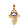 14K White Gold CZ Hamsa Hand W/ Evil Eye Pendant