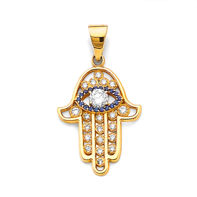 14K White Gold CZ Hamsa Hand W/ Evil Eye Pendant