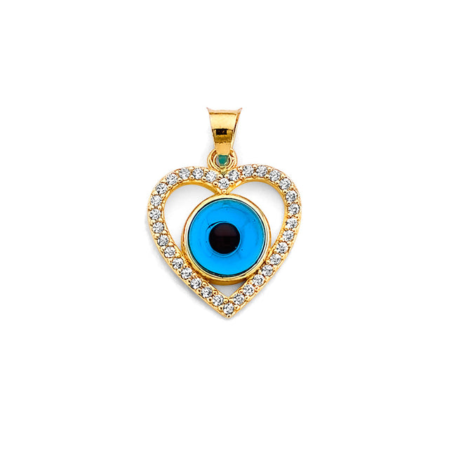 14K Two-Tone Gold Evil Eye Heart Pendant on White Background