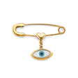14K Yellow Gold Baby Evil Eye Safety Pin Pendant on White Background