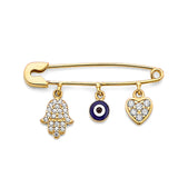 14K Yellow Gold Hamsa & Evil Eye Protection Pin Pendant on White Background