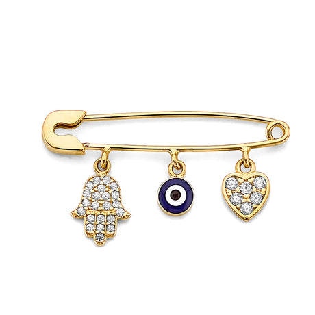 14K Yellow Gold Hamsa & Evil Eye Protection Pin Pendant on White Background