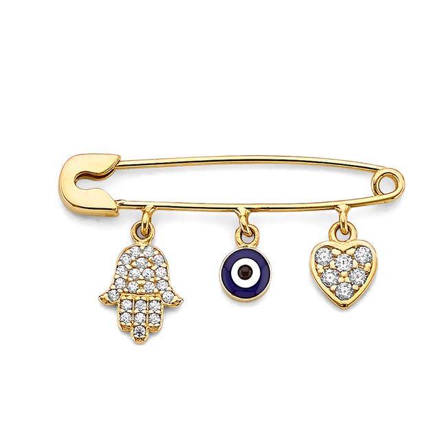 14K Yellow Gold Hamsa & Evil Eye Protection Pin Pendant on White Background