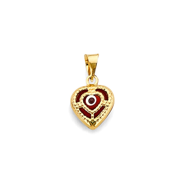 14K Yellow Gold Enamel Evil Eye Heart Pendant on White Background
