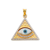 14K Two-Tone Gold Evil Eye Pyramid Pendant on White Background