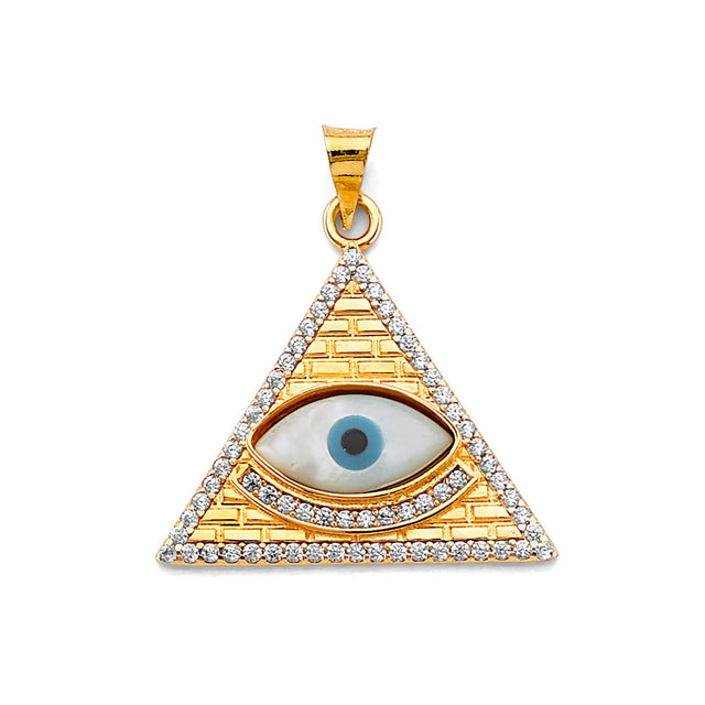 14K Two-Tone Gold Evil Eye Pyramid Pendant on White Background