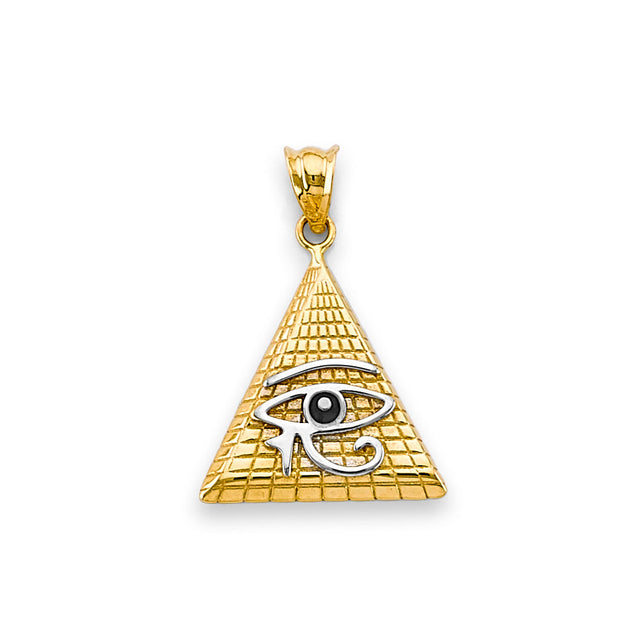 14K Two-Tone Gold Eye of Horus Pyramid Pendant on White Background