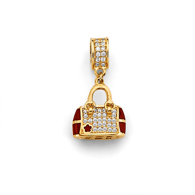14K Yellow Gold Red-Accent Bow Handbag Pendant
