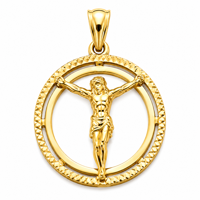 14K Yellow Gold Round Jesus Christ Body Pendant