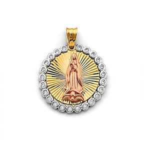14K Tricolor Gold CZ Guadalupe Medal Pendant