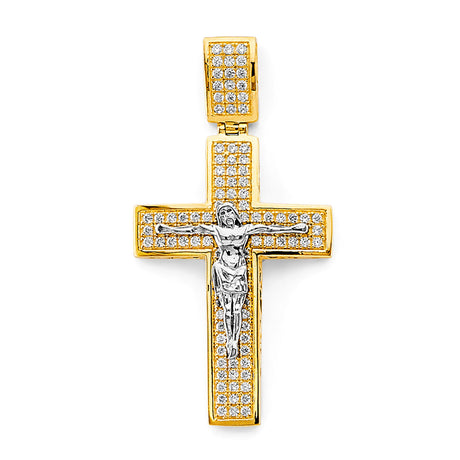 14K Two-Tone Gold CZ Crucifix Cross Pendant