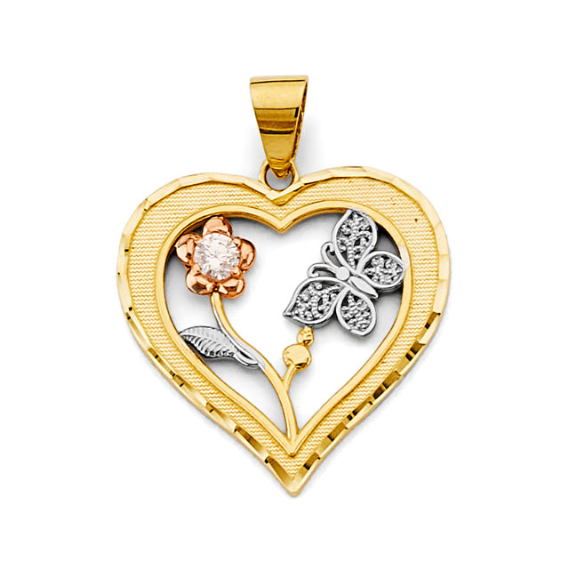14K Tricolor Gold Butterfly Heart Pendant