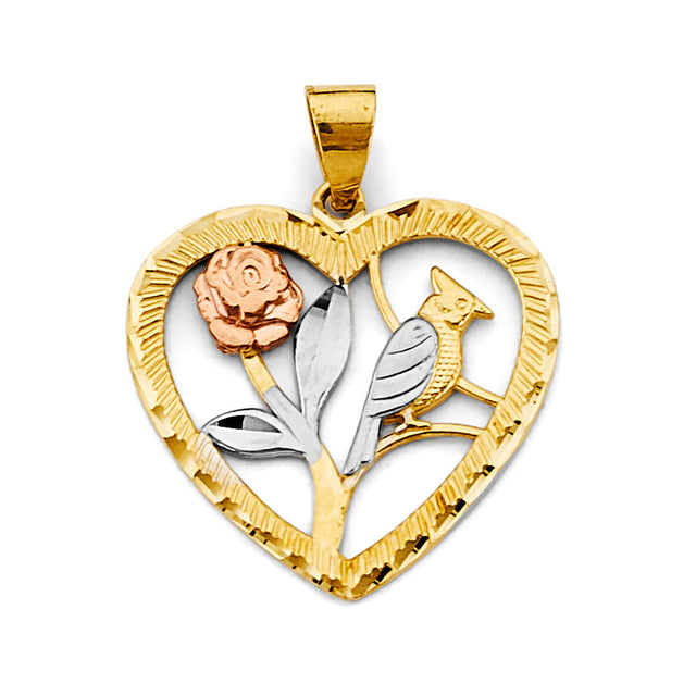 14K Tricolor Gold Bird Heart with Rose Pendant
