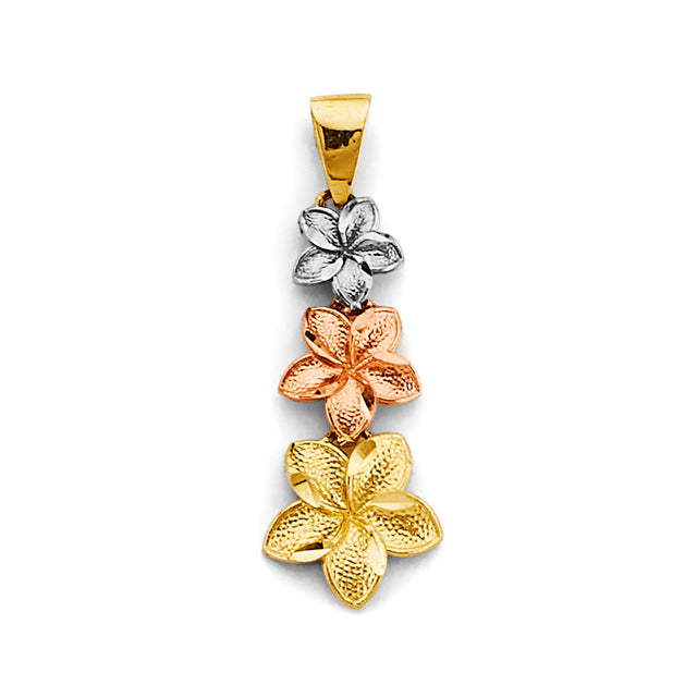 14K Tricolor Gold Triple Plumeria Flower Pendant