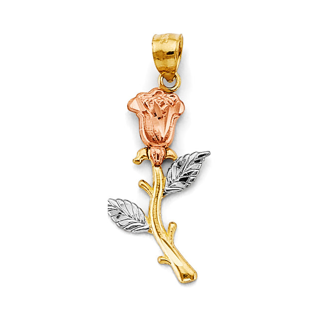 14K Tricolor Gold Long-Stem Rose Pendant
