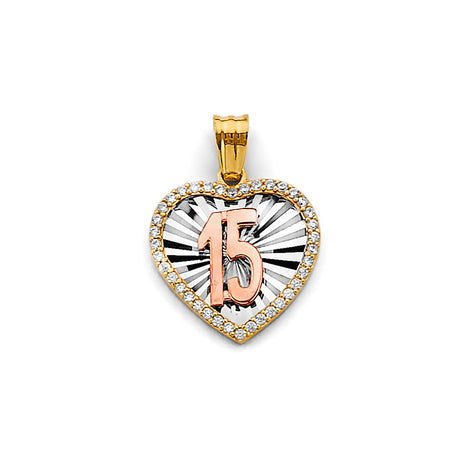 14K Tricolor Gold Quinceañera ‘15’ Heart Pendant — Tricolor — on white background — Italian Fashions