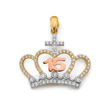 14K Tricolor Gold CZ Crown 15 Years Pendant