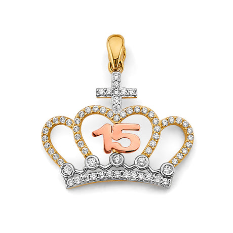 14K Tricolor Gold CZ Crown 15 Years Pendant