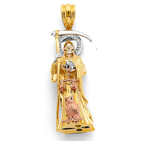14K Tricolor Gold 3D Santa Muerte Pendant — Large — on white background — Italian Fashions