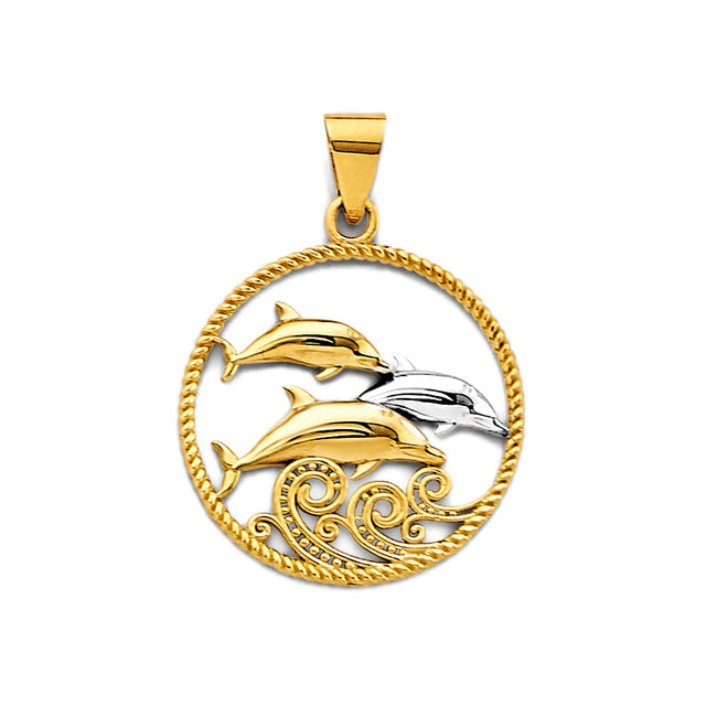 14K Two-Tone Gold Dolphins in Circle Pendant