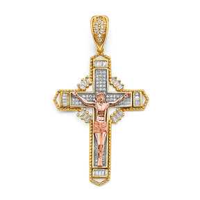 14K Tricolor Gold CZ Crucifix Cross Pendant